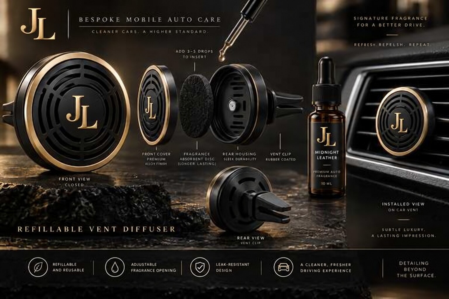 Reverie refillable vehicle scent diffuser